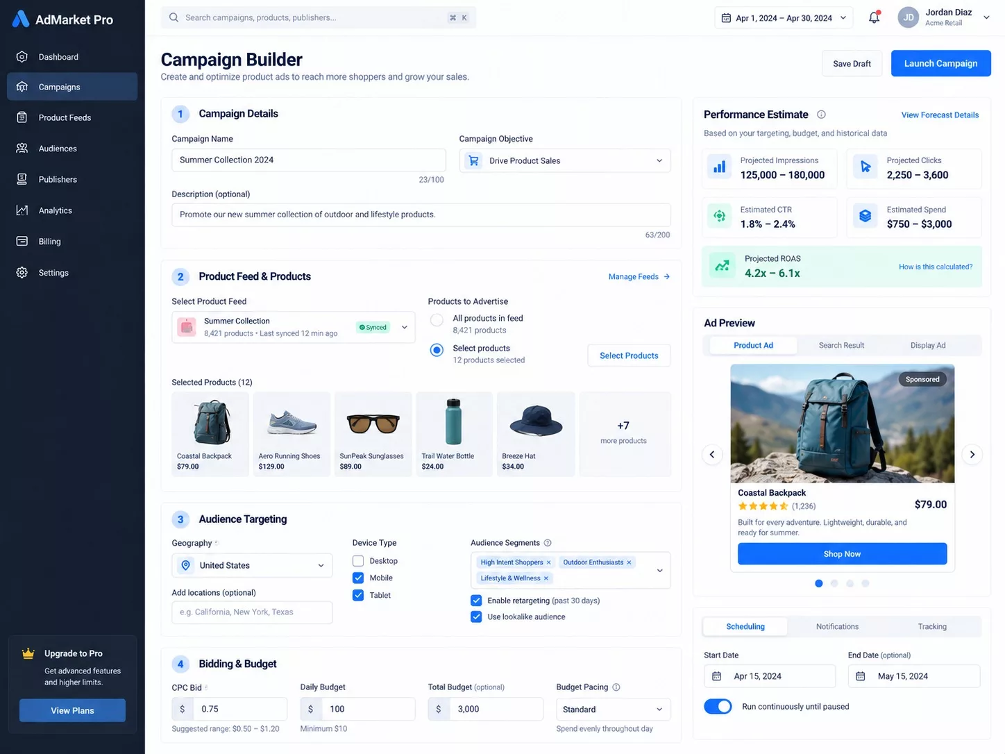 eCommerce advertising platform campaign builder